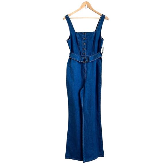 Y2K Wide Leg Womens Denim Jumpsuit Size M Blue Concert Festival Boho High Waist - Picture 1 of 9